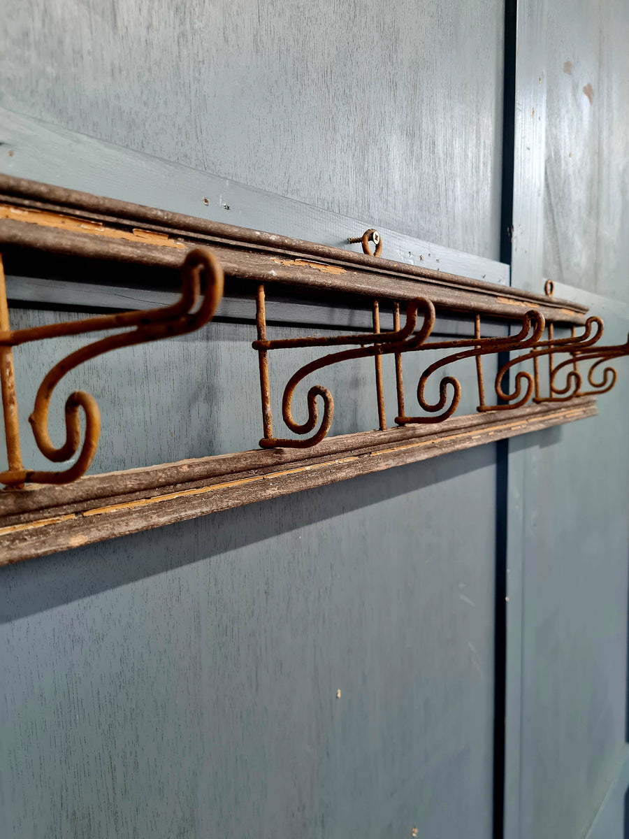 Antique Central European Folding Coat Rack with Wrought Iron Scroll Ho ...
