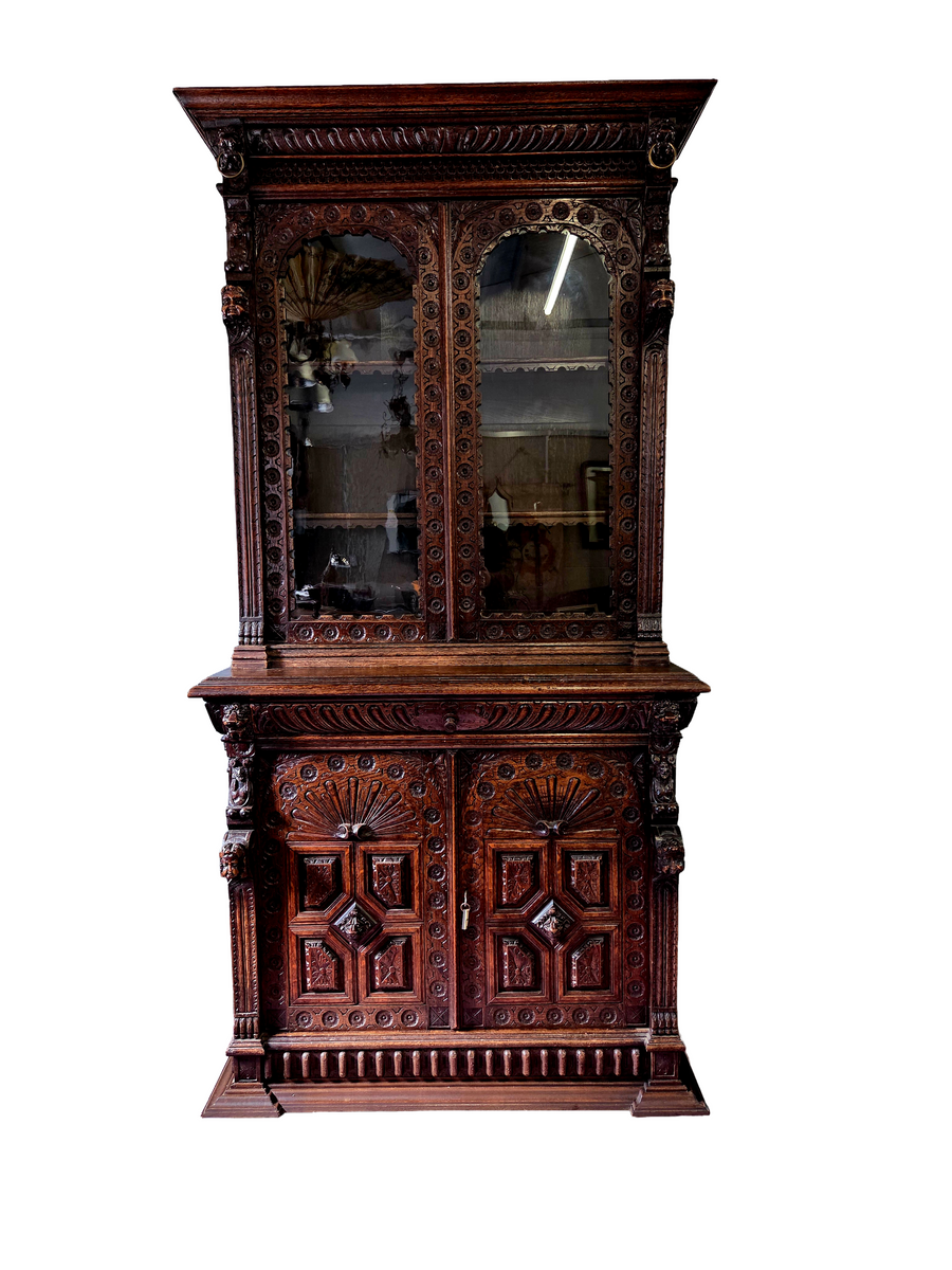 Large 19th Century Dutch Neo-Renaissance Carved Oak Library Cabinet Bo ...